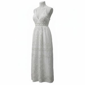 White Lace V-Neck Maxi Dress with Crochet Waist